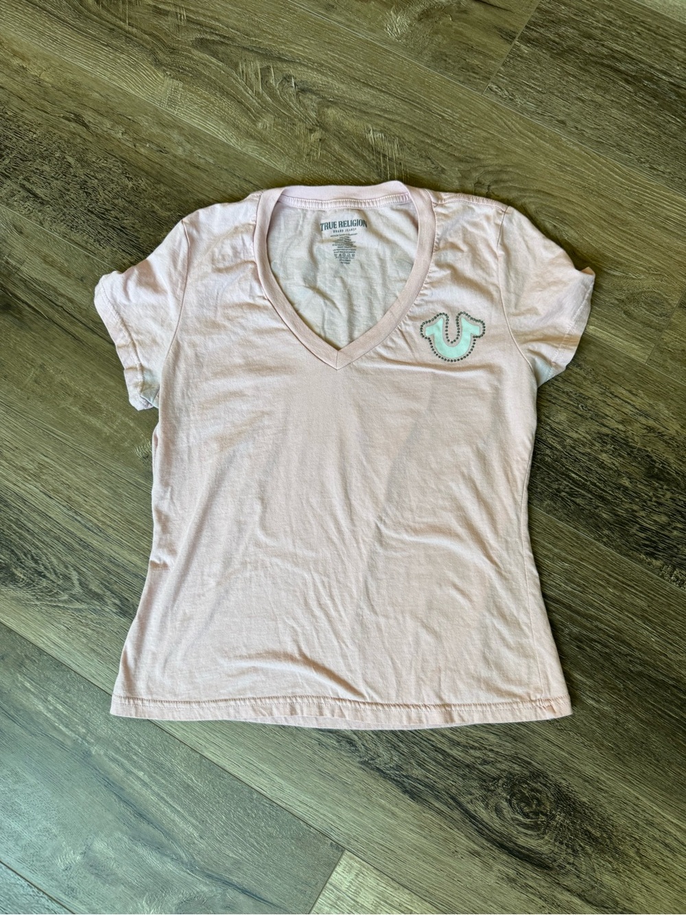 True Religion Light Pink V-Neck Short Sleeve Tee with Horseshoe Detail